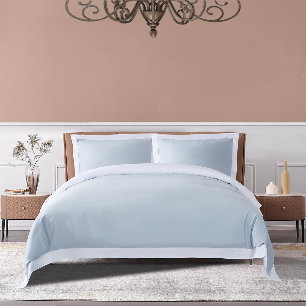 Misty Blue + White Long-Staple Cotton Duvet Cover Set (3 Pieces), Luxury & Elegant