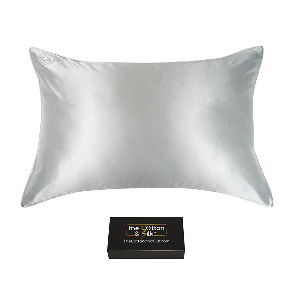 Silver Queen-Size 100% 6A+ 22 Momme Mulberry Silk Pillowcase, Zippered With White Piping