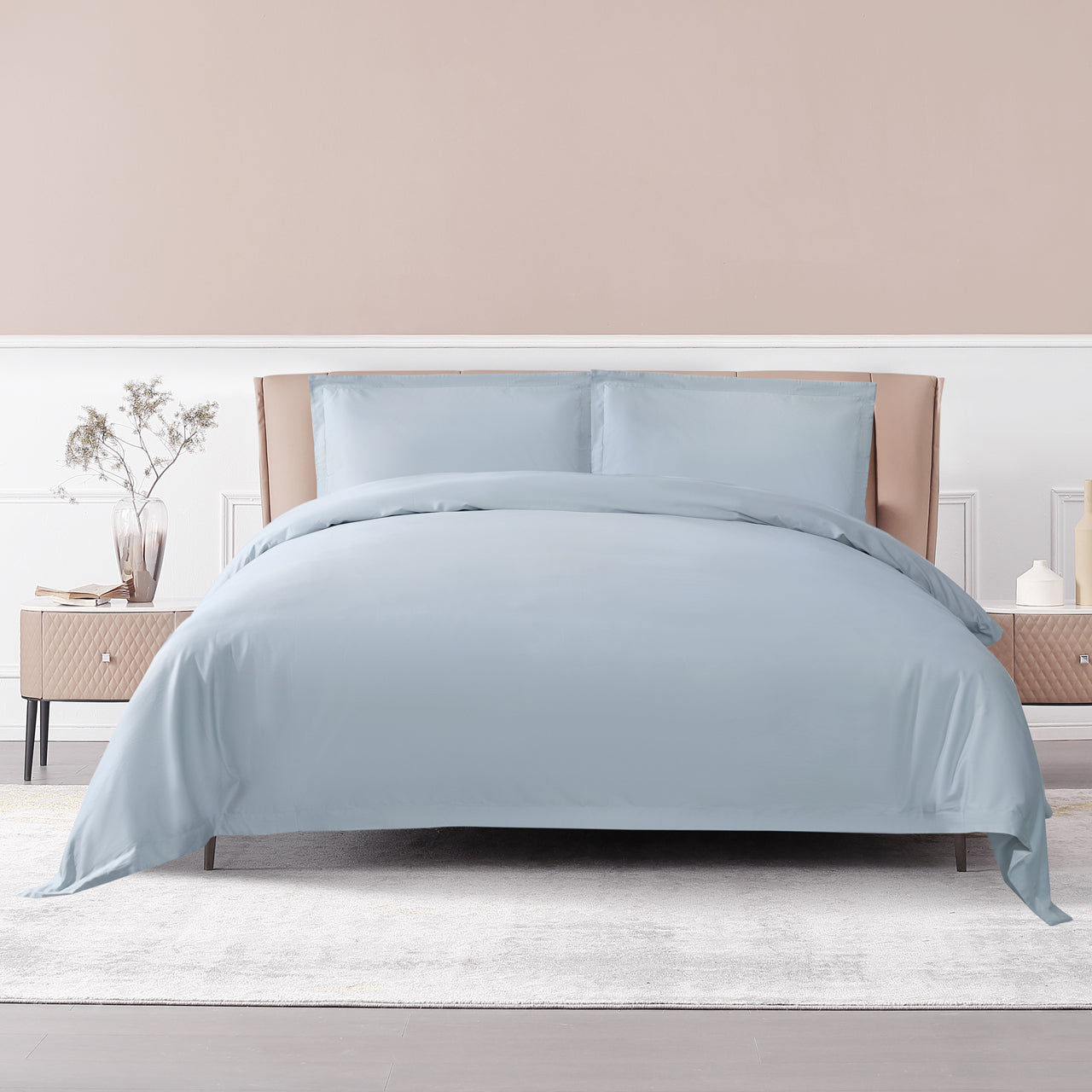 Misty Blue 100% Long-Staple Cotton Duvet Cover Set (3 Pieces), Luxury & Elegant