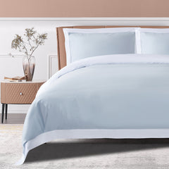 Misty Blue with White Long-Staple Cotton Duvet Cover Set (3 Pieces), Luxury & Elegant