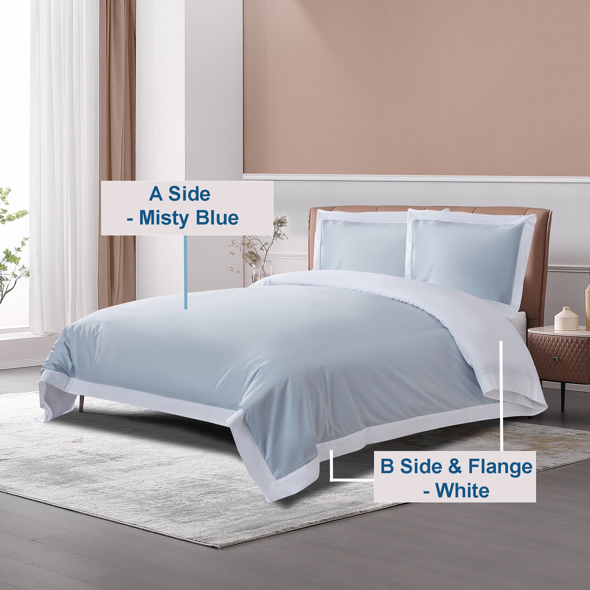 Long-staple Cotton Duvet Cover Set, 3-piece, Misty Blue + White