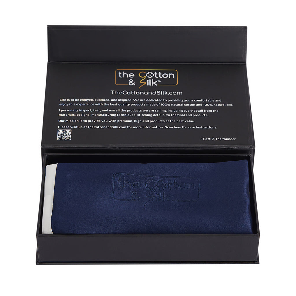 Queen Size 100% 6A + 22 Momme Mulberry Silk Pillowcase - Navy Blue + Cream - Gift Box