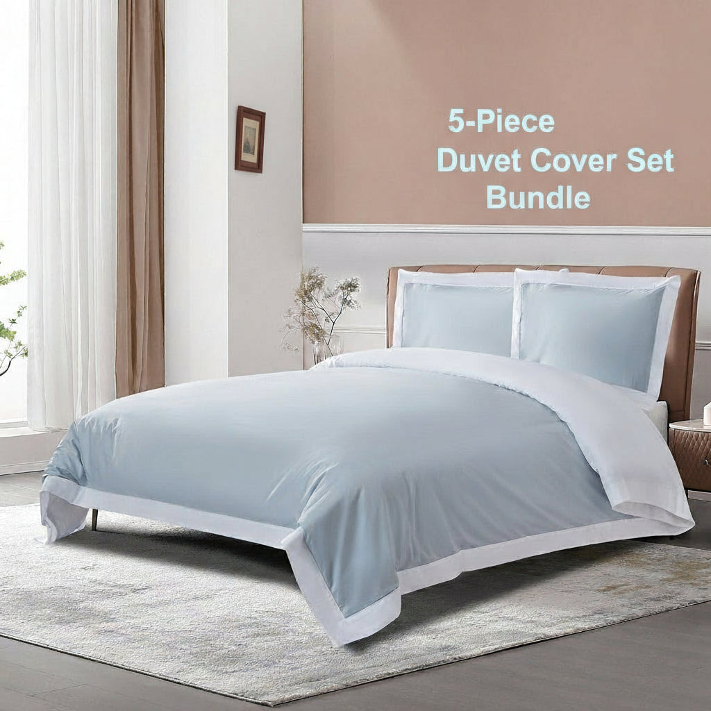 [Bundle Sale] Long-staple Cotton Duvet Cover Set + Bed Sheets, 5-Piece Bundle, Misty Blue + White