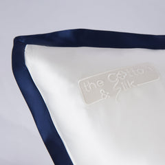 Brand Logo on Cream and Navy Blue Queen-Size Momme Mulberry Silk Pillow Sham