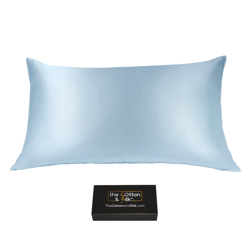 Sky Blue Queen-Size Momme Mulberry Silk Pillowcase for Sensitive Skin, Zipper Closure