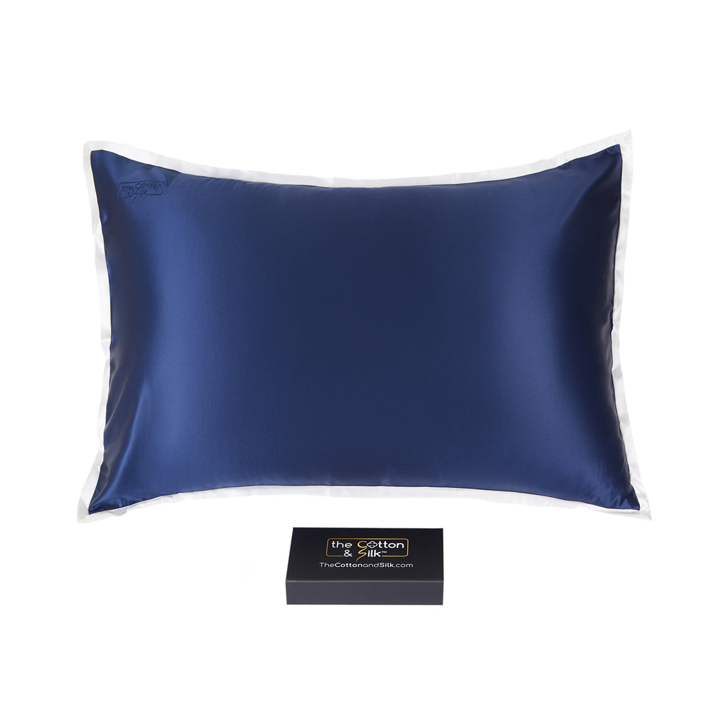 Queen Size 22 Momme Mulberry Silk Pillowcase - Navy Blue + Cream