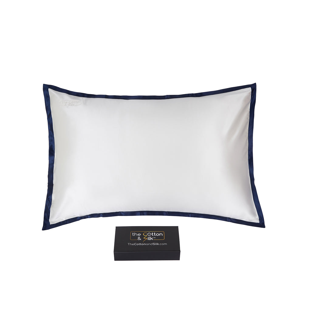 Cream + Navy Blue Queen-Size Momme Mulberry Silk Pillow Sham