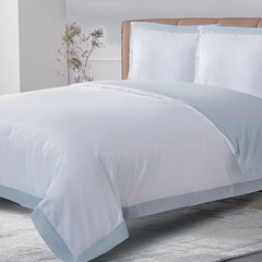 Long-staple Cotton Duvet Cover Set, 3-piece, White + Misty Blue